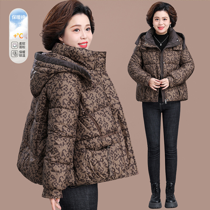 中年妈妈冬装羽绒棉服时尚大码棉衣外套中老年人秋冬复古花棉袄女