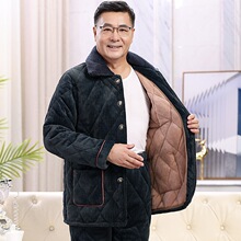 冬季加厚加绒珊瑚绒夹棉睡衣男保暖可外穿中老年爸爸家居服秋冬款