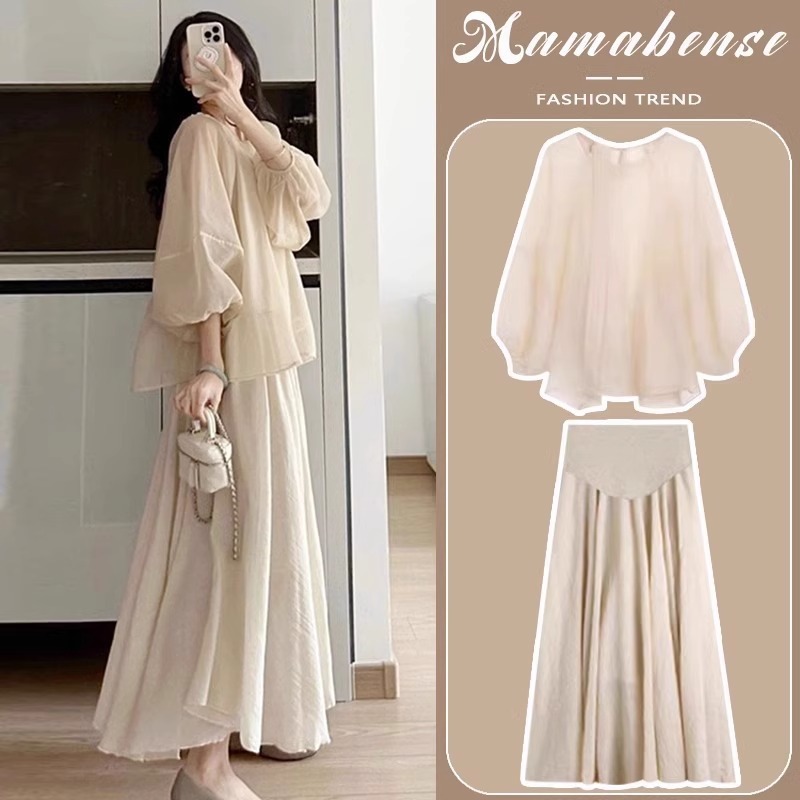 Maternity Suit Spring Style Internet Celebrity Chiffon Top Loose to Cover Pregnant Belly Young and Beautiful Summer Thin Two-Piece Set Summer