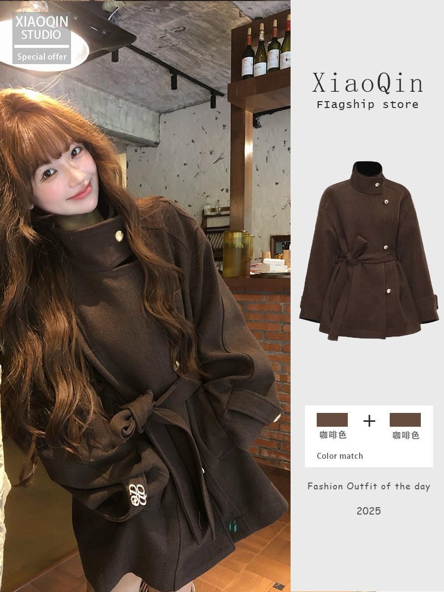 Autumn/Winter Stand Collar Slimming Brown High-End Tie-Waist Wool Coat for Women, New Retro Style