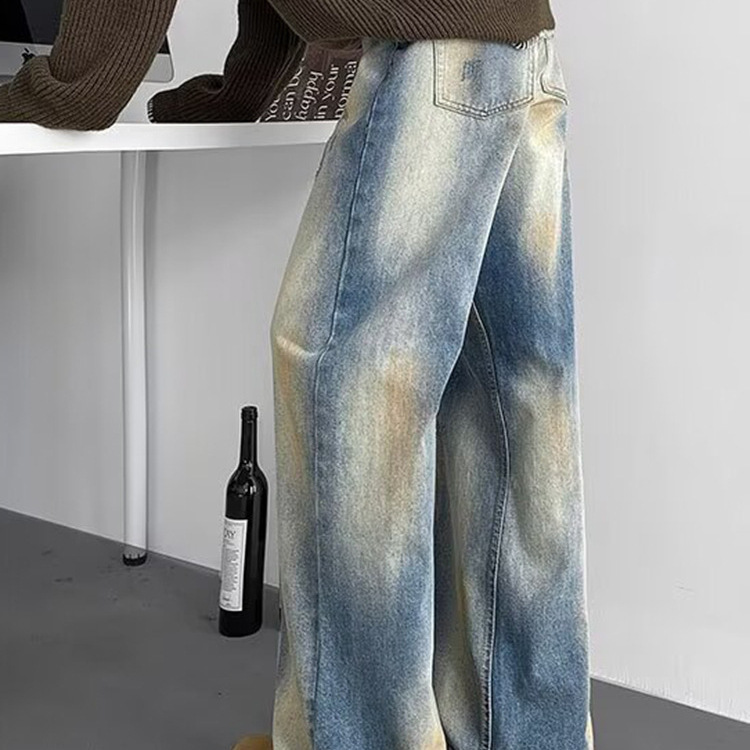 American High Street Vibe Washed Jeans for Men, Vintage Distressed Dirty Fit Pants with a Unique Design and Slight Flare American High Street Vibe Washed Jeans for Men, Vintage Distressed Dirty Fit Pants with a Unique Design and Slight Flare