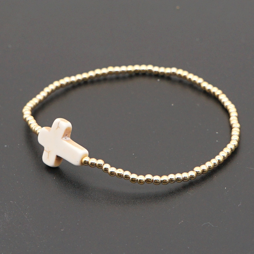 New Simple Acrylic Gold-plated Non-fading Beaded White Turquoise Cross Bracelet display picture 3