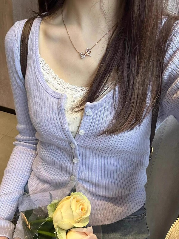 温柔系穿搭方领针织开衫女2025春季新款单排扣显瘦外搭短款小外套|undefined