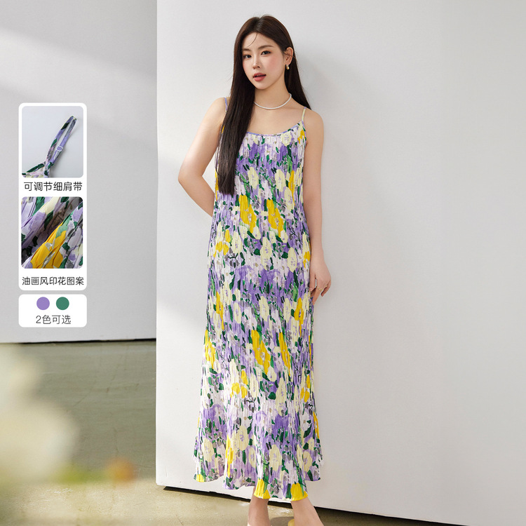 Fiber Show Large Size Women's Vacation Style Oil Painting Printed Gentle Slim Sling Dress Fat mm2024 Summer New Style
