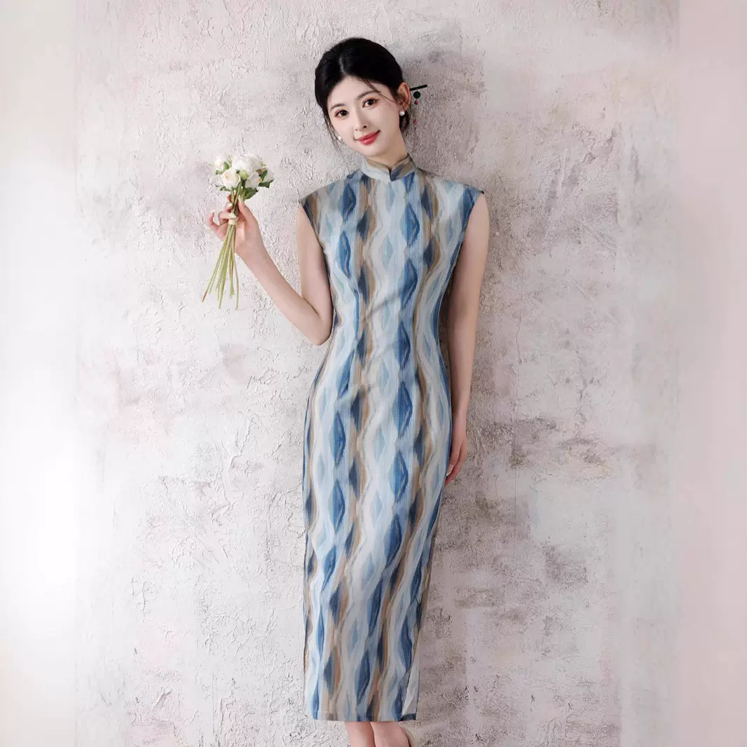 2025年春季新款欧美风女装缎时尚面印花性感腰部系带旗袍连衣裙女