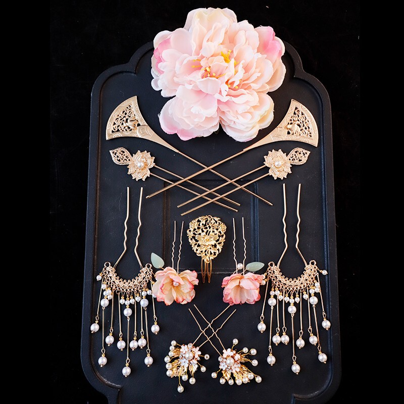 Tang style Hanfu headdress silk flower hair pin retro antique suit tassel step hair crown hairpin hair accessories Tang style Hanfu headdress silk flower hair pin retro antique suit tassel step hair crown hairpin hair accessories