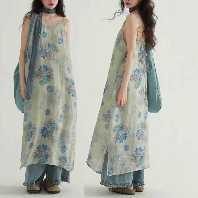 2025 New Style Bohemian Long Dress Summer New Style Plus Size Sleeveless Round Neck Printed Dress