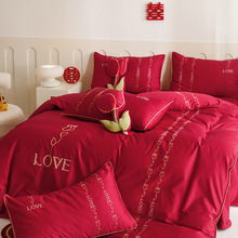 100支长绒棉结婚四件套大红色床单纯棉喜被家居婚庆被套床上用品