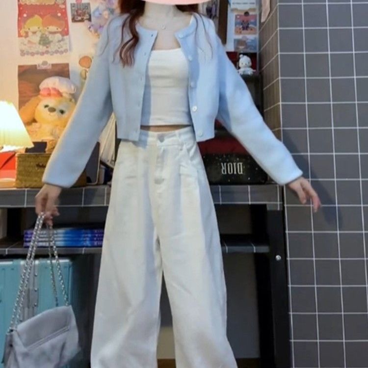 早秋套装2025秋冬季新款女装小个子穿搭蓝色开衫毛衣牛仔裤三件套|undefined