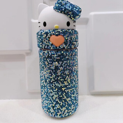 Stylish Diamond-embellished Cartoon KT Vacuum Insulated Cup for Children, Portable Water Bottle, Stainless Steel, Diamond-embellished Gift