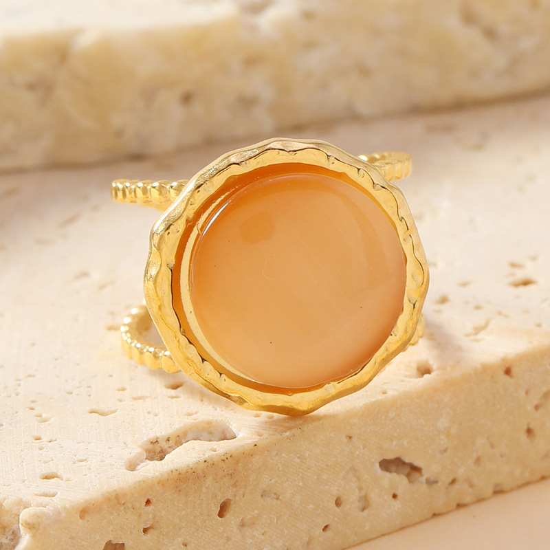 Ventas transfronterizas calientes anillo de piedra de ojo de gato temperamento retro mujer geometría redonda abierta anillo de acero de titanio joyería de acero inoxidable image 3