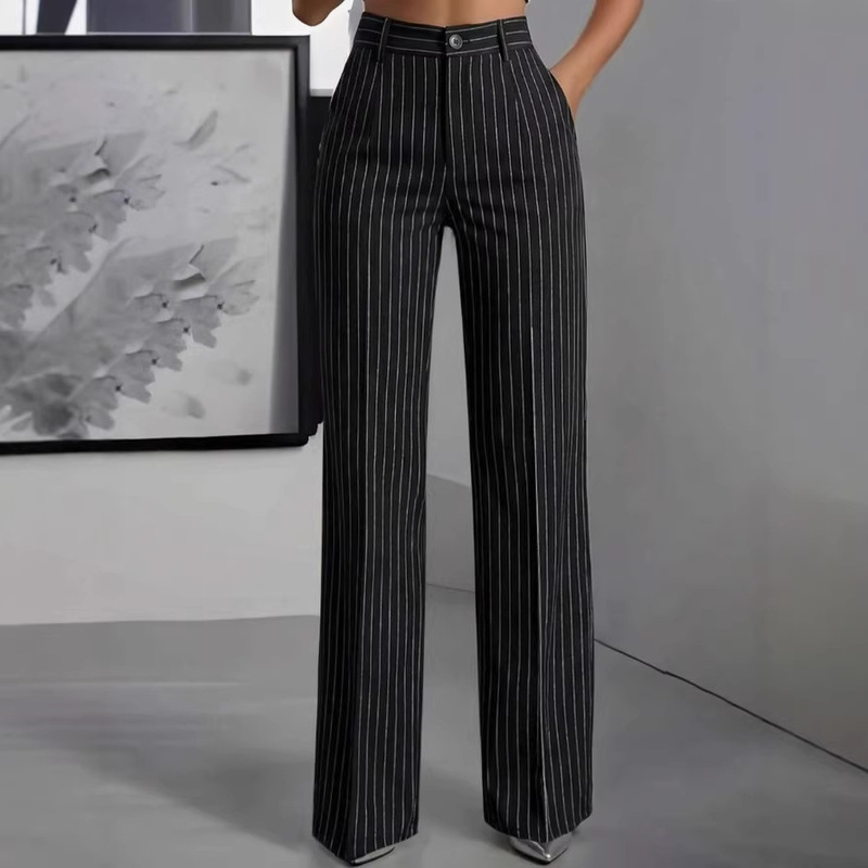 2026 New European and American Style High-Waisted Striped Drapey Wide-Leg Pants for Women, Loose Straight-Leg Casual Work Pants