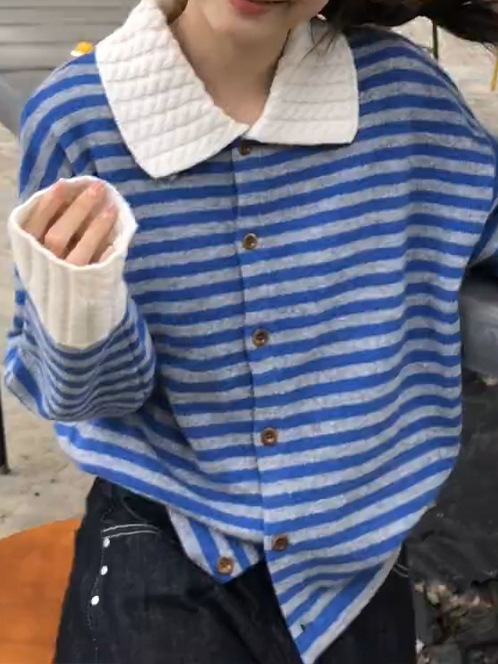 2025秋季新款韩版宽松显瘦条纹POLO领长袖针织毛衣百搭慵懒上衣女|undefined