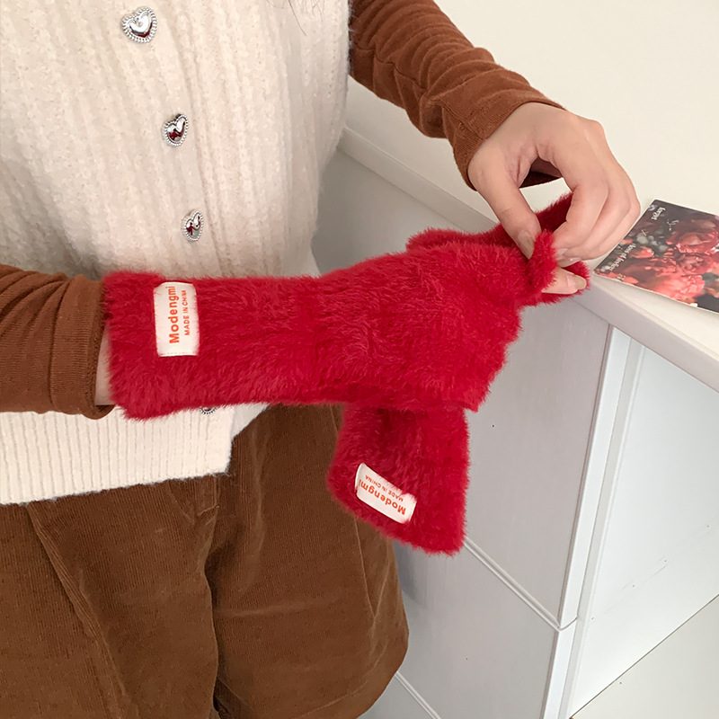 Japanese Cute Plush Gloves Women's Winter Warm Cold-proof Long Gloves Touch Screen Christmas Snow Atmosphere