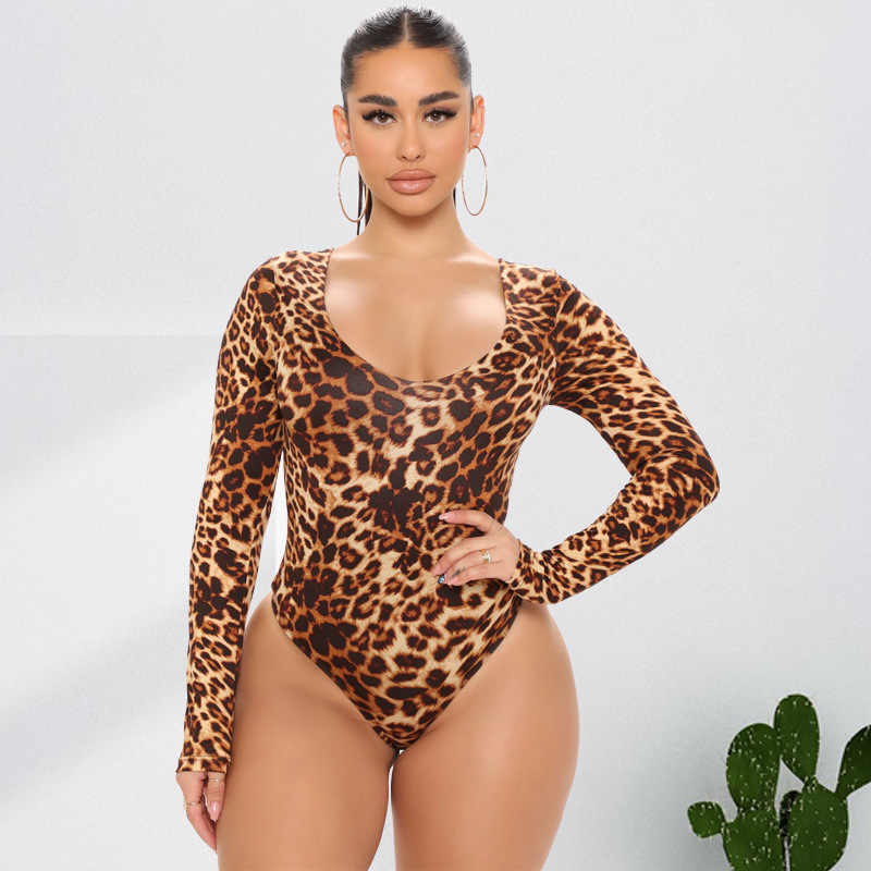 OY125 Amazon Cross-border Autumn Style European And American Plus Size Women's Leopard Print Fashion Sexy Long-sleeved Jumpsuit