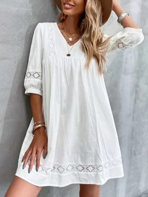 189g Weight Short Mini Dress Dress Length Type Half Sleeve Sleeve Length White Dress Dresses Type Regular Sleeve Sleeve Type Wholesale Women'S Vacation Lace Solid Color Holiday V Neck Half Sleeve White Dress