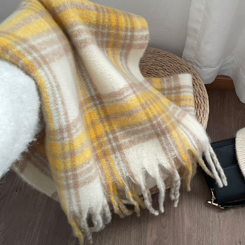 Pineapple Yellow Cream Plaid Large Scarf for Women Imitation Cashmere Autumn and Winter New European and American Chic Style Thickeneded High-End Shawl