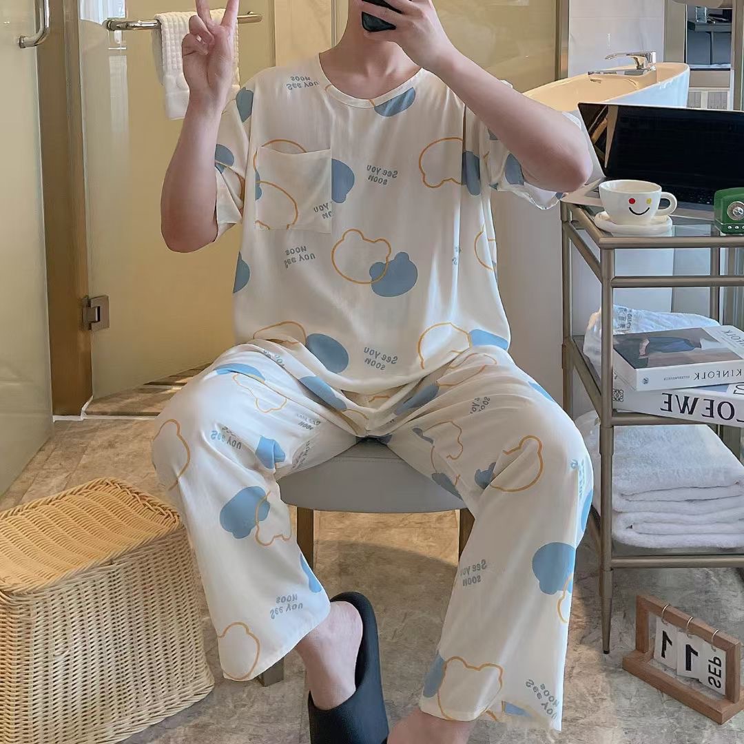 Men's Pajamas, Men's Slim-Fit Short-Sleeved Long Pants Home Wear Set