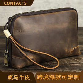 黑天使疯马牛皮数据线蓝牙耳机收纳包配手腕带男士手拿包头层复古