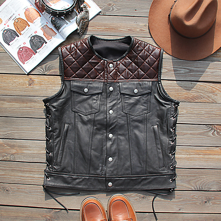Genuine Leather Vest Men's Goat Vegetable Tanned Motorcycle Fleet Club Vest Harley Heavy Motorcycle Vest Round Neck Waistcoat