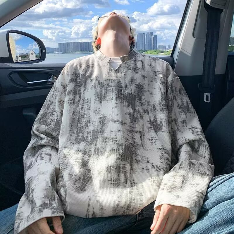 Authentic Large Size M-5X Tie-Dye Corduroy V Neck Long-Sleeved T-Shirt Men's Spring & Fall Loose-Fitting Clothes Trendy Brand Youth Inner