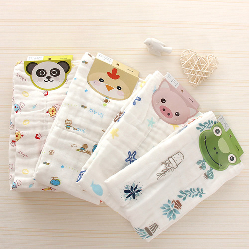 Two-piece set 25*50 high-density gauze baby towel handkerchief cotton infant children's face wash small towel cartoon printed square towel