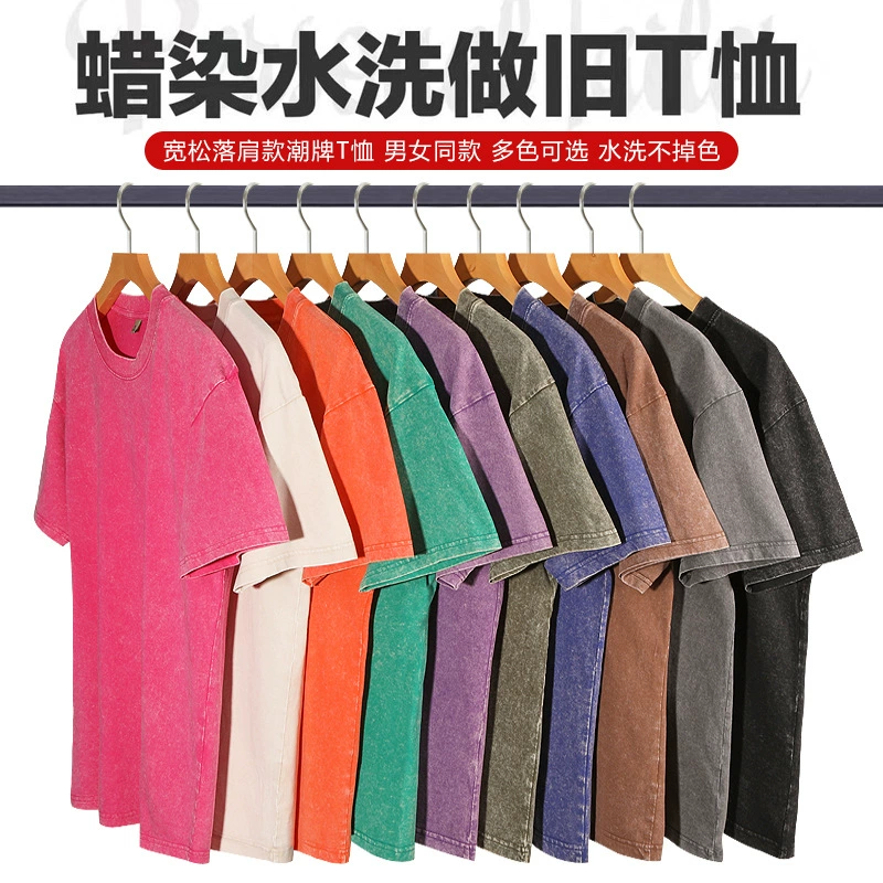 Футболка оверсайз из 100% хлопка с эффектом винтажной стирки и восковой окраски, 230 г, с принтом логотипа, для трансграничной торговли.