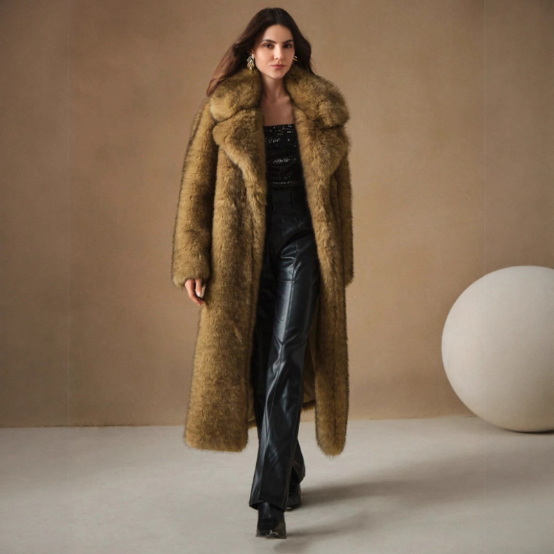 Xiyin Cross-Border New Autumn and Winter Fashion Fluffy Long Coat Imitation Fox Fur Furry Parka Jacket