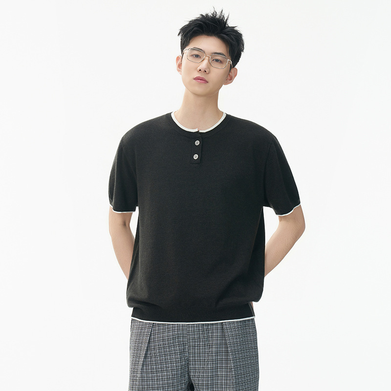 ZH8102-MM男女同款潮牌拼接时尚通勤假两件亨利领针织短袖T恤,男装针织衫/毛衣,星座614