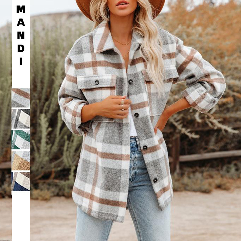 2023 Amazon Autumn and Winter Women's Cross-Border European and American Amazon Plaid Button Flannel Wool Shirt Jacket