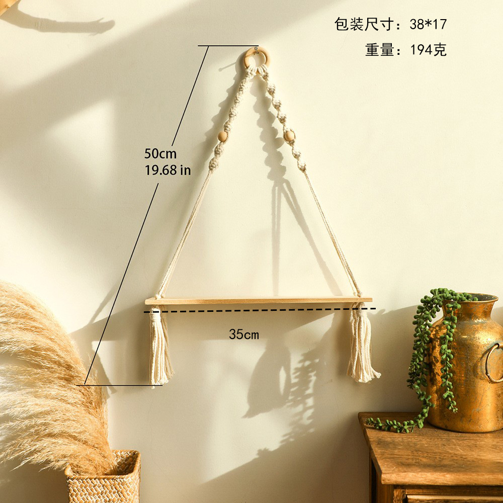 Soporte para macetas de madera con borlas tejidas a mano estilo bohemio, decoración simple para pared de sala de estar u hogar.