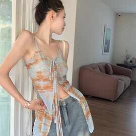 复古泰式辣妹网纱吊带背心女夏季度假风性感露背纯欲开叉上衣扎染