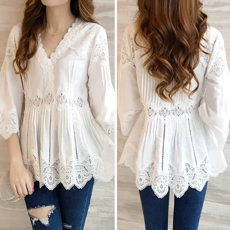 Весенняя новая кружевная Женская свободная кукольная рубашка в Корейском стиле с V-образным вырезом и рюшами, кружевная рубашка