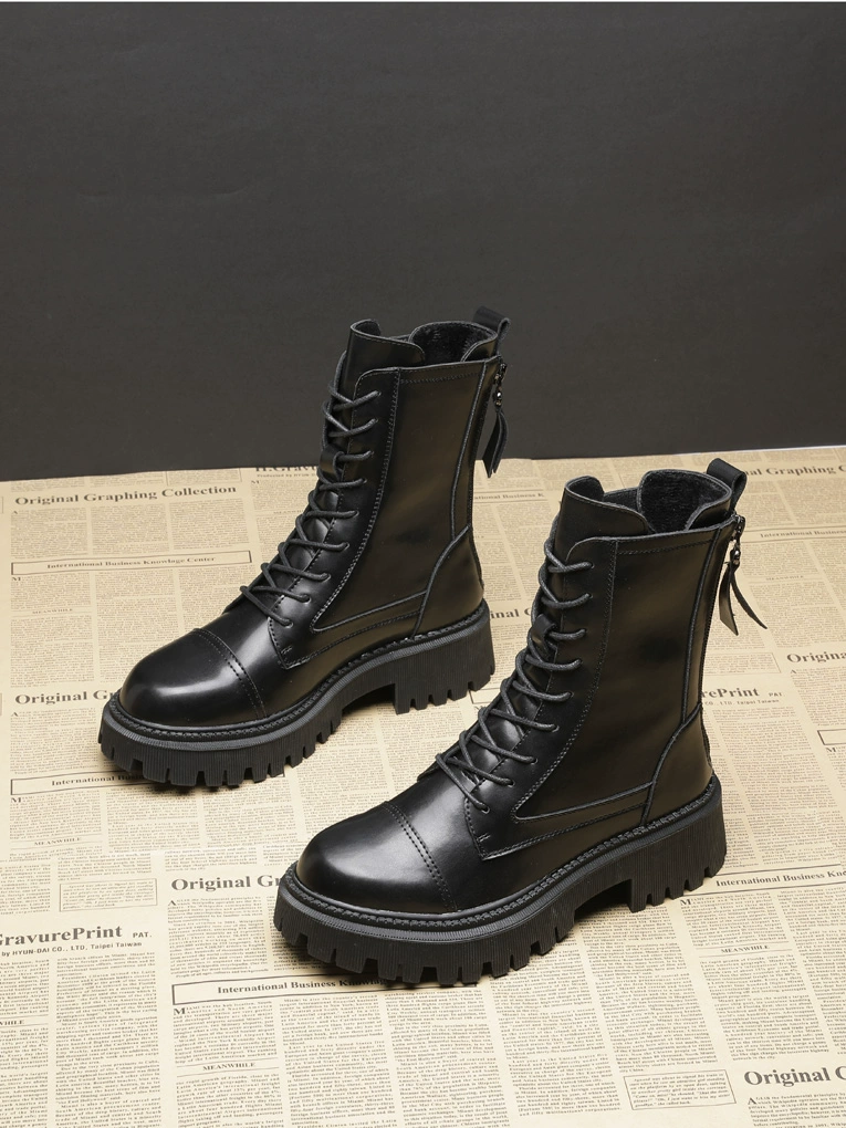 женские ботинки, новинка 2024, осенне-зимние утепленные короткие сапоги для маленьких людей, сапоги до середины икры в британском стиле на толстой подошве