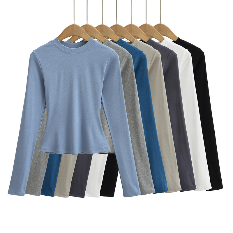 Kardashian same style flat round neck bottoming shirt Women's Spring tight T-shirt long sleeve slim fit slimming solid color top inner wear