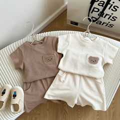 Korean version ins children's summer bear cartoon suit infant short-sleeved shorts children's clothing 0-2 years old baby two-piece set