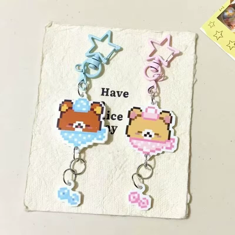 Акриловый брелок Rilakkuma, мультяшный кулон пиксельный мишка, розовый и голубой, 5 г