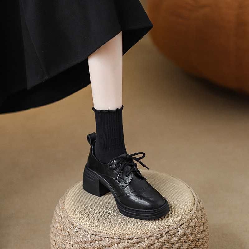 Retro Damen Loafer Mit Plüsch Und Dicker Sohle Schnürschuhe Leder_voghion.com
