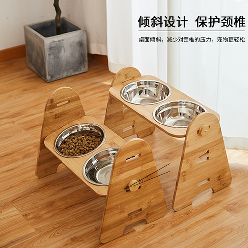 Large and Medium Dog Bowl Bamboo Stand Stainless Steel Dual Bowl Pet Dog Bowl Adjustable Bamboo Wood Stand Slanted Mouth Neck Protection Dog Bowl
