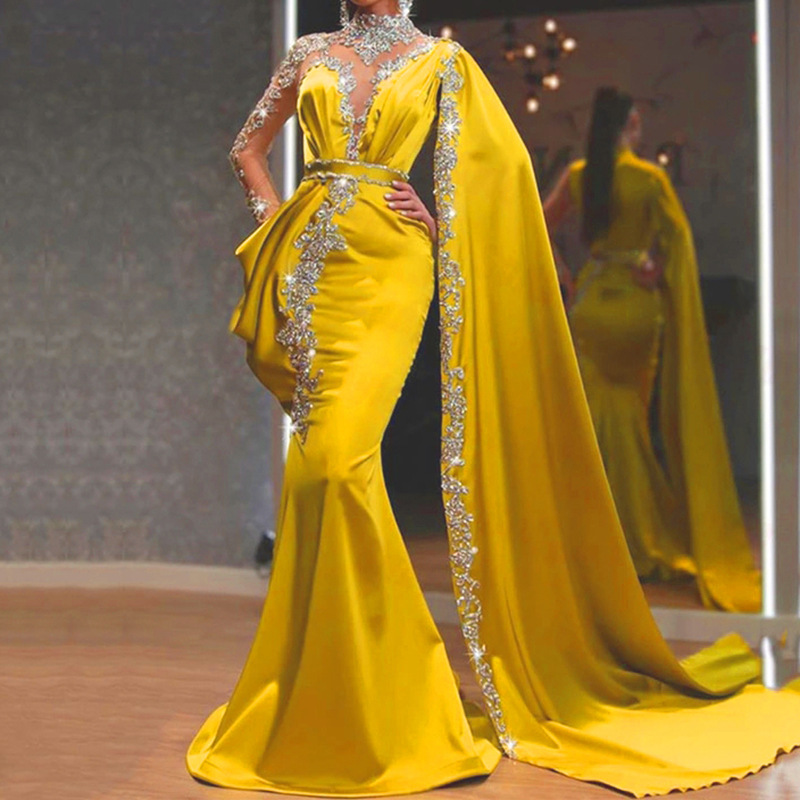 Vestido de Noche Largo con Lentejuelas Amarillas para Mujer, Moda Europea y Americana, Nuevo Comercio Exterior 2025, para eBay y Amazon