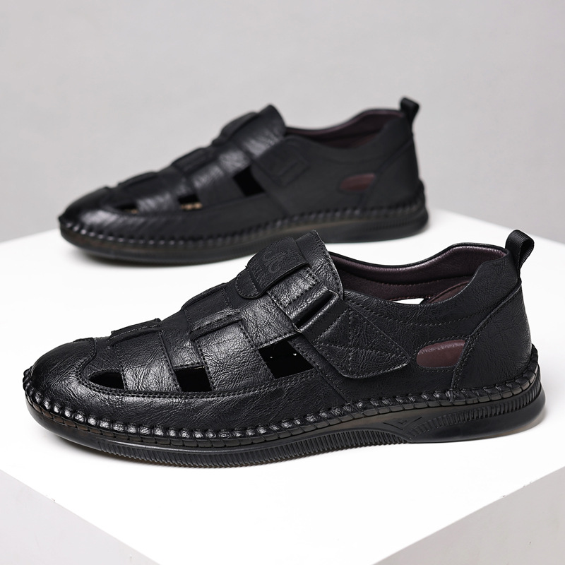 Nieuwe leren instapschoenen met hol design voor heren, casual instapschoenen met klittenbandsluiting, dadsandalen voor mannen_voghion.com