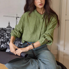 solighter 法式亚麻不对称翻领提花衬衫女秋