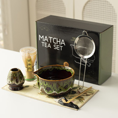 跨境ebay日式陶瓷窑变抹茶碗茶筅立套装配件点茶工具窑变绿7件套