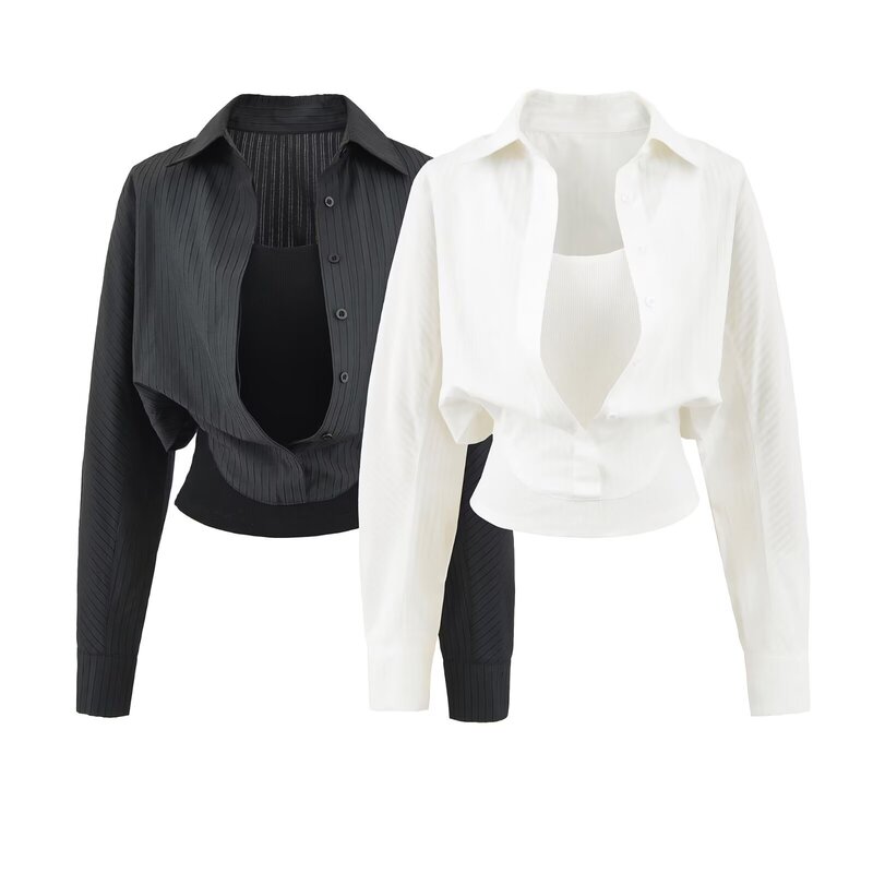 Korean-Style White Faux Two-Piece Shirt for Women, New Spring Model, Long-Sleeve, Turn-Down Collar, Slim-Fit, Versatile, Suitable for Work, Slim-Fit Polo Top