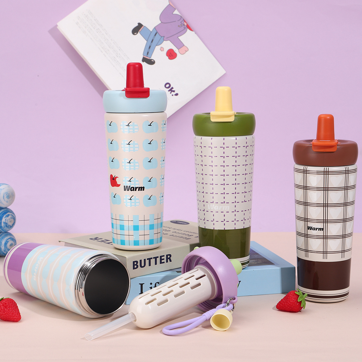 时尚创意格纹双饮咖啡杯男女生家用办公保温杯户外带提绳随行杯