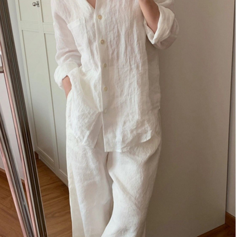 白色棉麻套装女2025春新款简约休闲小香风百搭宽松衬衫长裤两件套|undefined