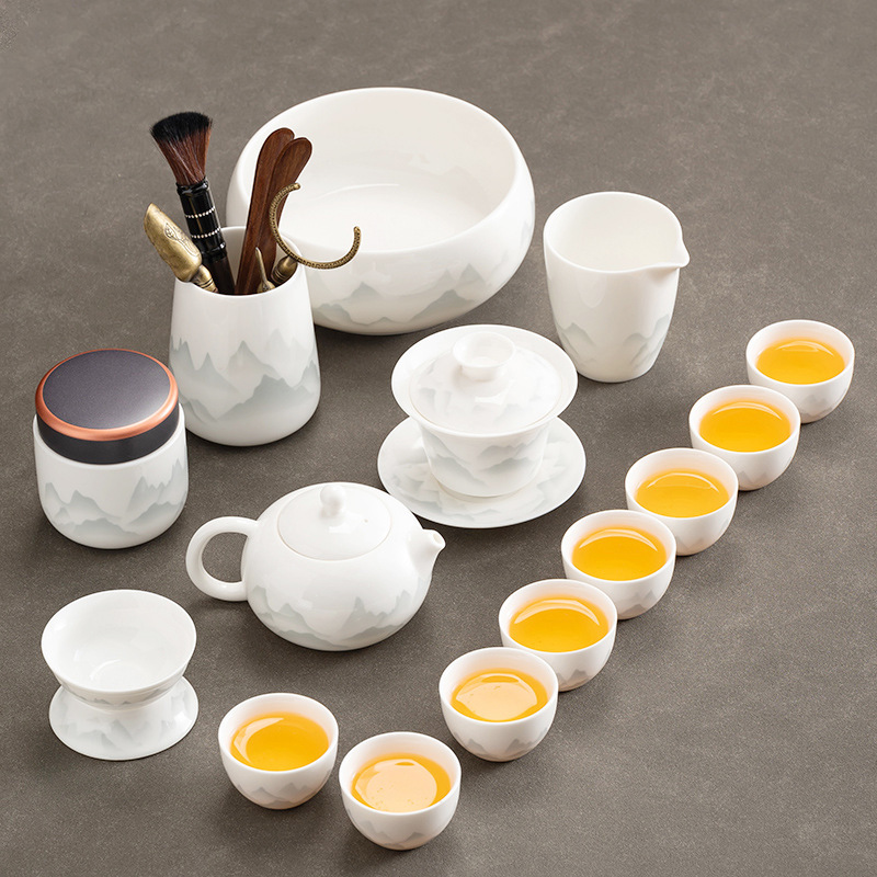 Jade-Colored Kung Fu Tea Set for Home Use, New Chinese-Style Teapot, White Porcelain Tea Cups, Age-Reducing Tea Tray, New Model