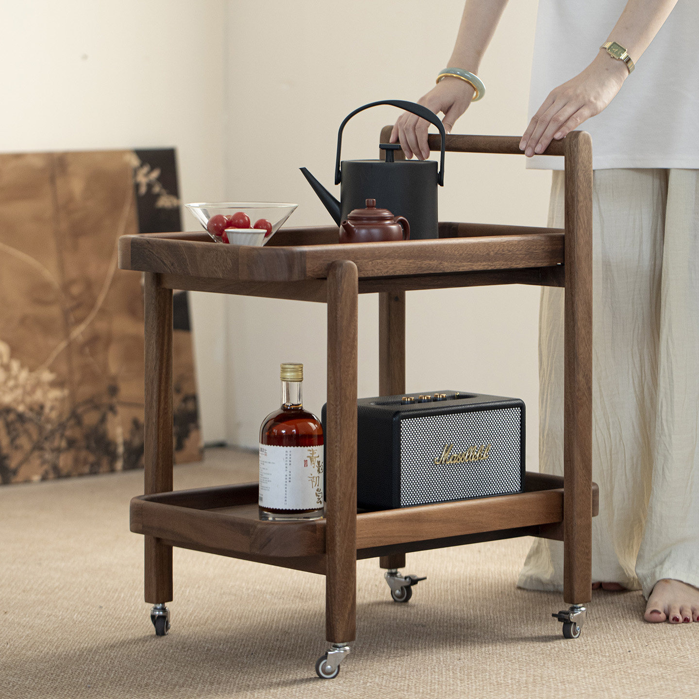 Walnut Solid Wood Movable Side Table, Corner Table, Trolley, Storage Rack, Coffee Table, Living Room Bedside Sofa Storage Side Cabinet