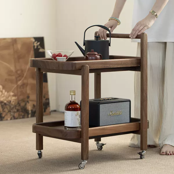 Walnut Solid Wood Movable Side Table, Corner Table, Trolley, Storage Rack, Coffee Table, Living Room Bedside Sofa Storage Side Cabinet
