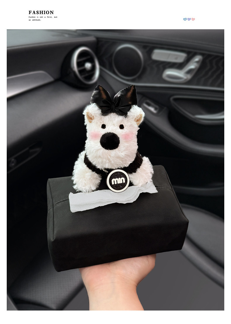 2026 New Cute West Highland Car Tissue Box, Armrest Box Tissue Holder, Seat-mounted Car Tissue Bag